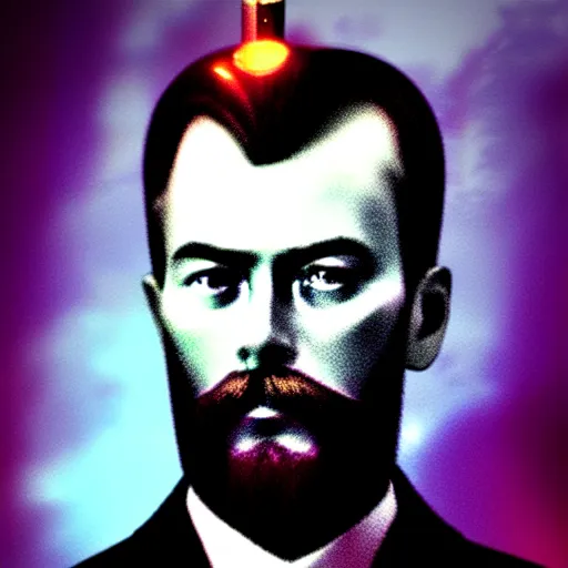 Image similar to Nicholas II of Russia, cyberpunk, synthwave, glitch, digital art, detailed, photo realistic