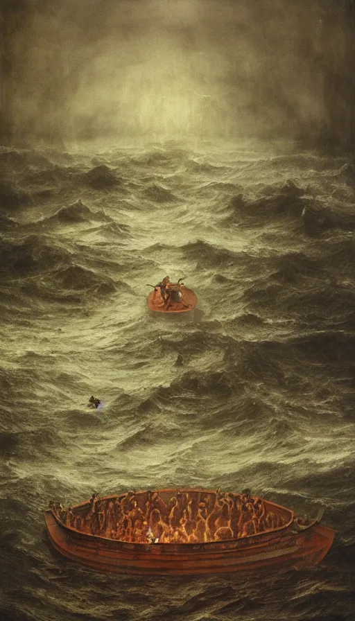 Image similar to man on boat crossing a body of water in hell with creatures in the water, sea of souls, by dan witz