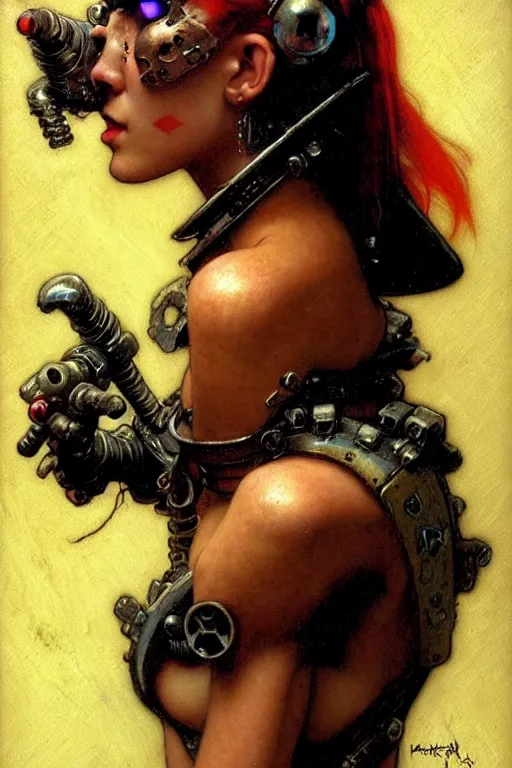 Image similar to full character portrait max mad cyberpunk warhammer 4 0 k, warrior marine the girl with the pearl earring character design, painting by gaston bussiere, katsuya terada, frank frazetta, gerald brom, mucha, tom of finland, trending on artstation