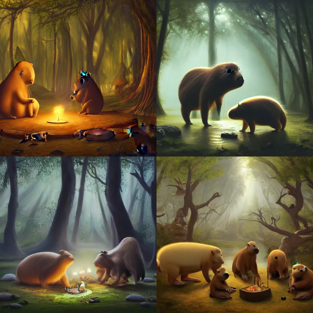 Prompt: capybaras performing a magic ritual in a mystical forest, oil painting, cinematic scene, trending on Artstation, award-winning, visually stunning, studio lighting