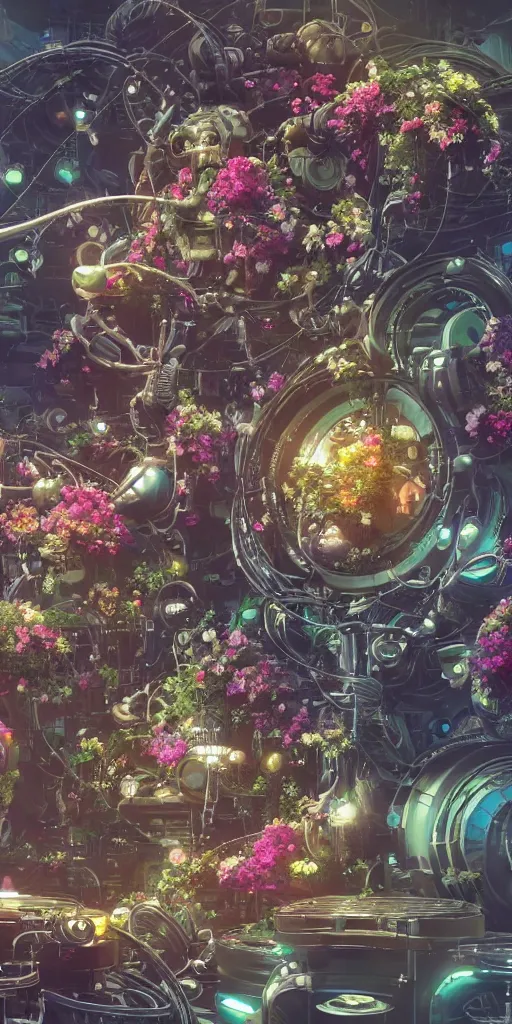 Image similar to a lovely mechanical cornucopia of flowers, sci-fi futuristic, utopian, machine parts, wires, circuits, highly detailed, octane render, cinematic