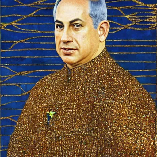 Image similar to a portrait of benjamin netanyahu wearing gold garbs and jewels, by gustave klimt