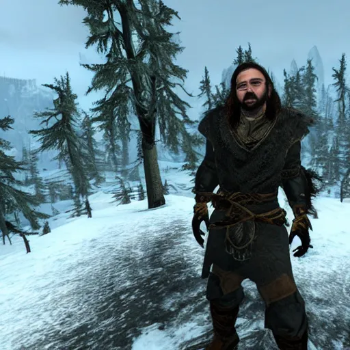 Prompt: Post Malone as an NPC character in Skyrim, screenshot