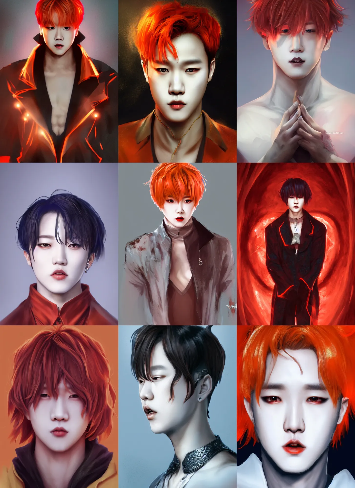 Image similar to park jimin as a vampire. wearing intricate styled outfit, semi realism, anime realism, symmetrical face, slim face, appealing, photorealism, uhd, amazing depth, glowing, golden ratio, sakimichan, greg rutowski, volumetric lighting, cinematic lighting, red orange lighting, artstation concept art