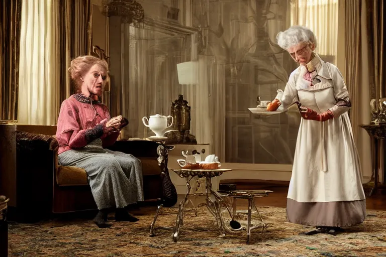 Image similar to VFX movie portrait of old woman served tea by a futuristic butler robot in a decadent living room by Emmanuel Lubezki