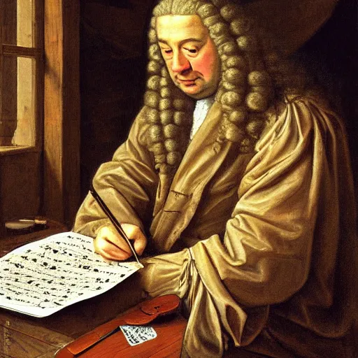 Prompt: highly detailed painting of bach writing a piece of music on a sheet of paper, he is inside of a wooden shack, 4 k resolution, by jaquis luis david, visible paint layers, renaissance.