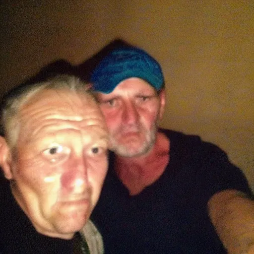 Prompt: my czech dad accidentally taking a selfie with the flash enabled, squinting because the flash is so bright in his face