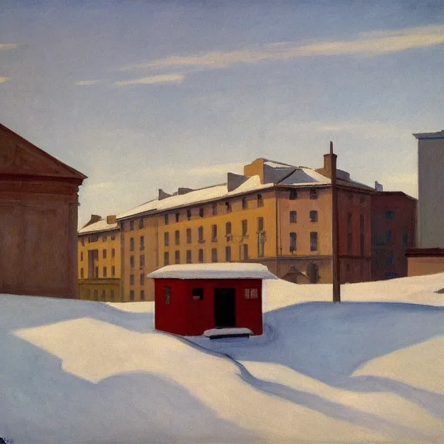 Image similar to an edward hopper style painting of a ( ( ( ( ( ( ( ( small town csorna ) ) ) ) ) ) ) ) in hungary, winter, january of 1 9 5 5