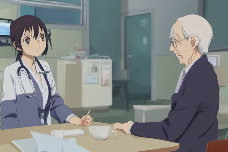 Image similar to a cute young female doctor wearing white coat are talking with an old surgeon in a hospital, slice of life anime, lighting, anime scenery by makoto shinkai