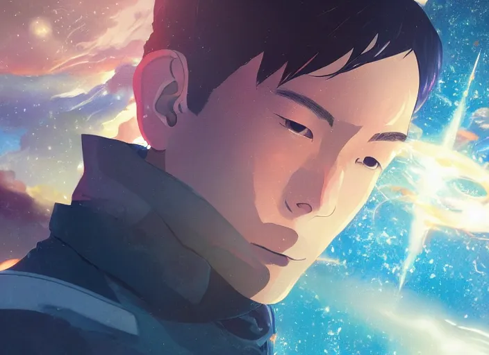 Prompt: detailed illustration of a young short hair asian man as a god in space joining 2 planes of existence together, makoto shinkai, ilya kuvshinov, rembrandt