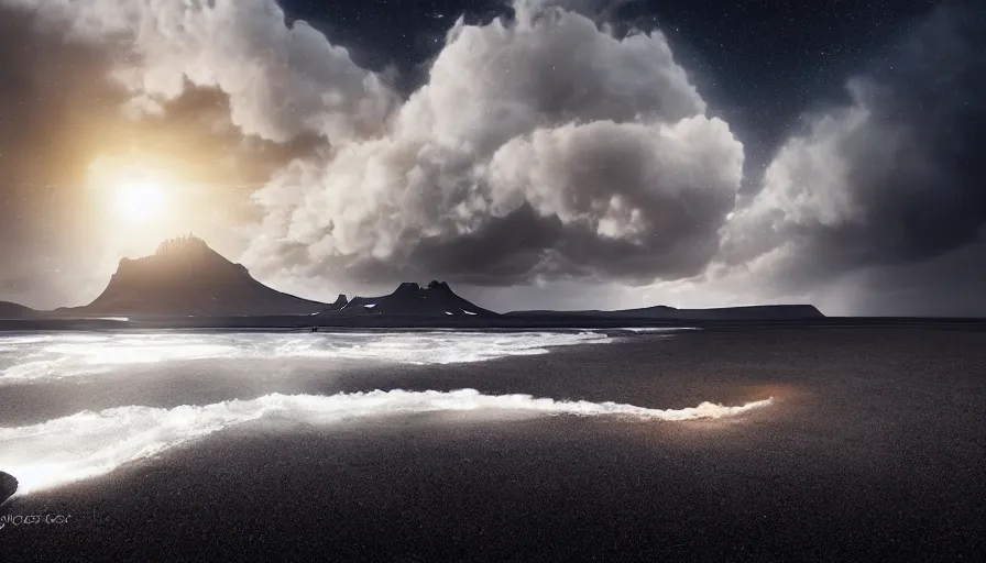 Image similar to solar eclipse in iceland, black sand, dramatic clouds, jessica rossier, art station