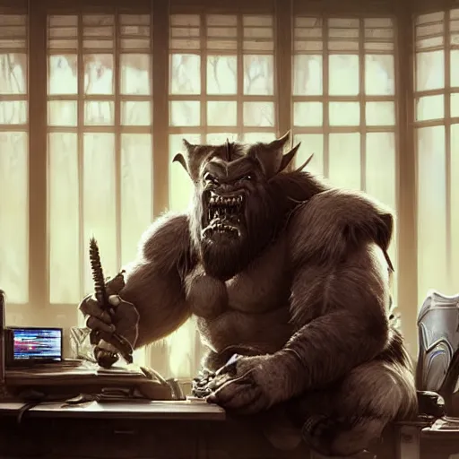 Image similar to durotan from world of warcraft sitting at a desk in an office, by artgerm and greg rutkowski and alphonse mucha