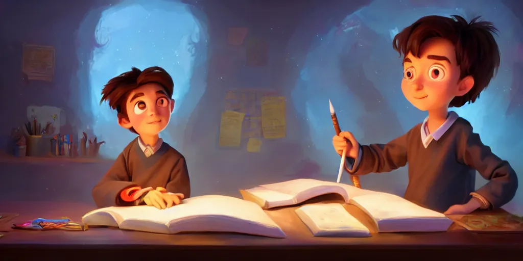Image similar to a young boy wizard with brown hair and is standing at his desk working on a new spell that is casting out flowing energy, colorful, flowing energy, light rays, consistent face, medium shot, waist up, pixar and disney animation, sharp, concept art, highly detailed, trending on artstation, bloom, dramatic lighting, cinematic