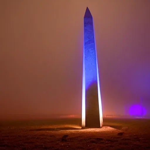 Prompt: magical blue glowing obelisk standing on a plain in the moonshine at night. foggy. eerie.