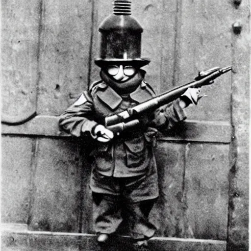 Prompt: old wartime photograph of the despicable me minion holding a lewis gun, 1 9 1 7