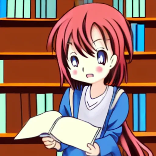 Prompt: a cute adorable phoenix fledgling learning to read in a library #anime