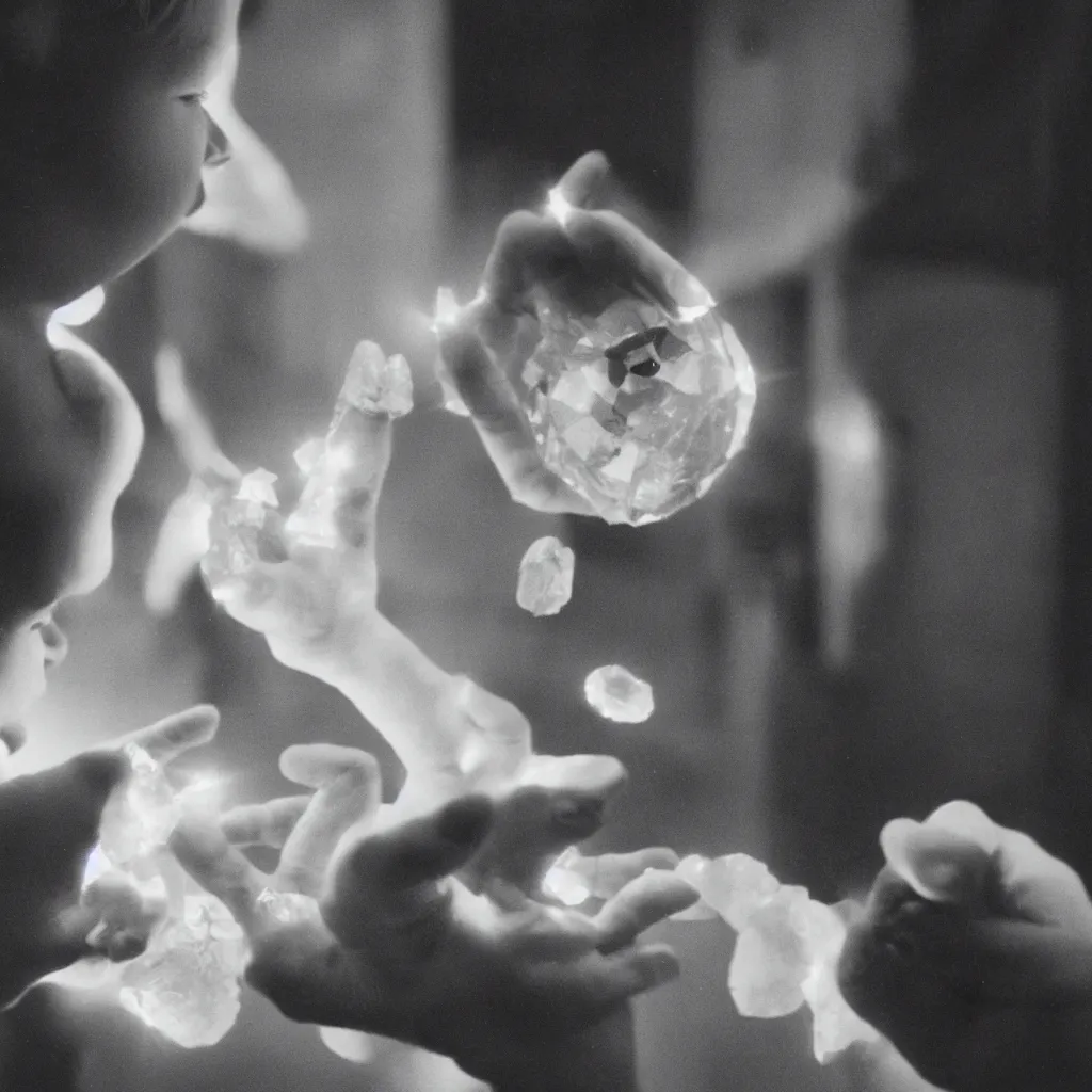 Image similar to dramatic opaline alien crystal levitating in the hands of a young awestruck child, cinematic, movie still, 35mm film, epic beautiful lighting