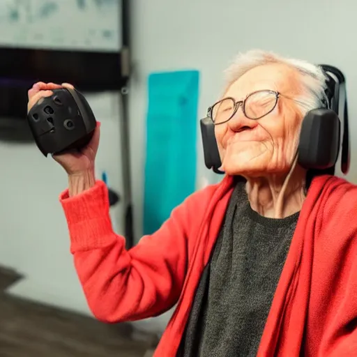 Image similar to very old woman with vive trackers and vr headset recording mocap