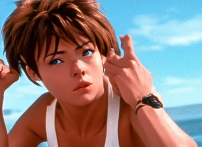 Image similar to a film still of a tracer from overwatch in baywatch 1 9 8 9