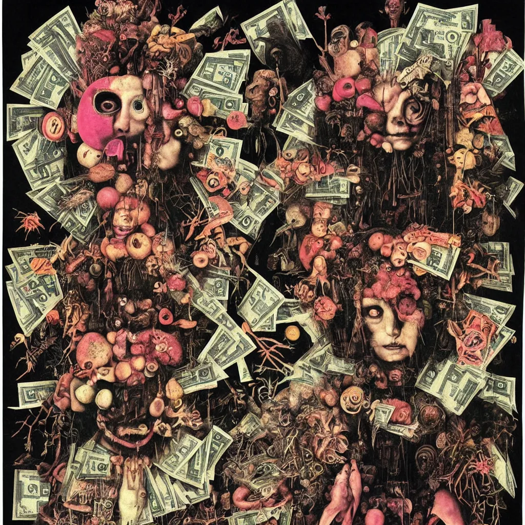 Image similar to post - punk new age album cover, asymmetrical design, dollar bank notes, capitalism, magic, apocalypse, psychedelic, black white pink, magic, giger h. r., giuseppe arcimboldo