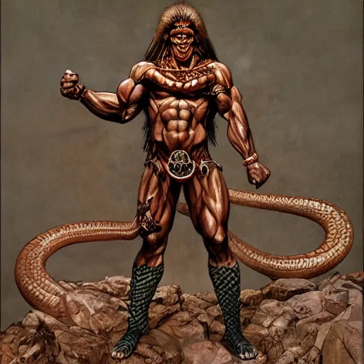 Image similar to serpent - man warlord wearing bronze age clothing, bodybuilder snake, anatomical, horrific background symmetrical, zoom out, high quality, high definition, 8 k, photograph photorealistic by frank frazetta