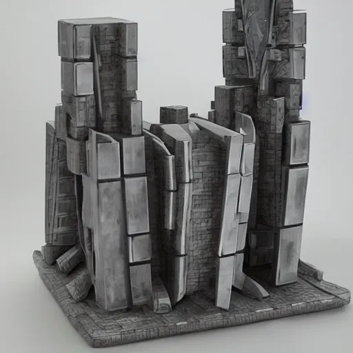 Prompt: abstract sculpture representing mecha mayan temples mixed with futuristic cubist mountains