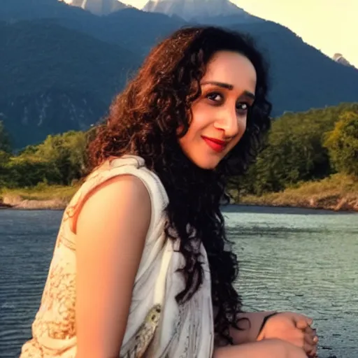 Prompt: photograph of shraddha kapoor near a river, mountains in background, night time