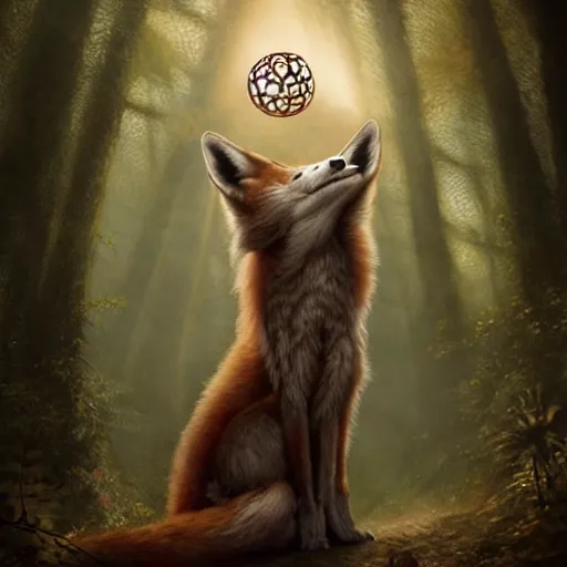 Prompt: an anthromorphic fox as a magic fortune teller holding an orb in an enchanted forest, photorealistic, fantasy art, digital art, by tom bagshaw