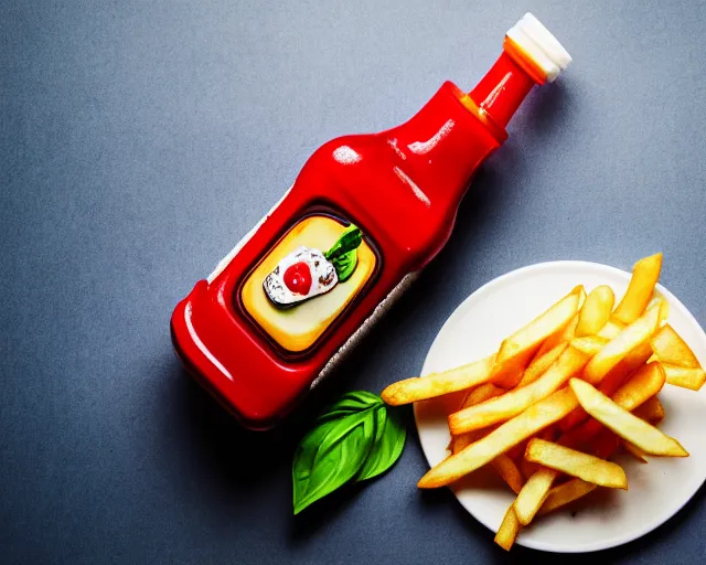 Prompt: dslr food photograph of vanilla ice cream with ketchup on, a leaf of basil on the ice cream, french fries on the side, a bottle of ketchup, bokeh, 8 5 mm f 1. 4