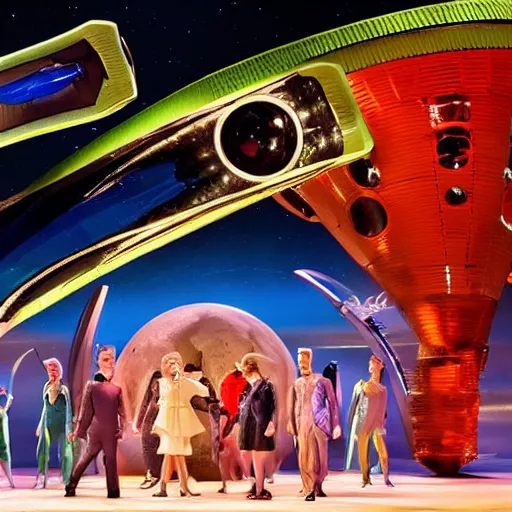 Prompt: a photo still of the Broadway production 'Future World 2050'. Spaceship scene.