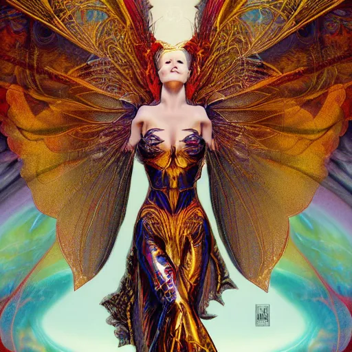 Image similar to a beautiful symmetrical woman full body wearing golden fabric with translucent colorful wings by alex gray and android jones , Karol Bak, Ayami Kojima, Amano , concept art, character design, fantasy,3D, 8k resolution