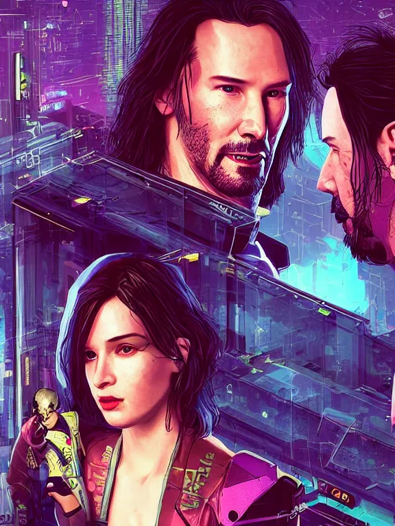 Image similar to a cyberpunk 2077 couple portrait of Keanu Reeves and V ,love story , lots of electric cable behind them connected to giant computer,film lighting,by laurie greasley,Lawrence Alma-Tadema,William Morris,Dan Mumford,trending on atrstation,FAN ART,full of color,Digital painting,highly detailed,8K, octane,golden ratio,cinematic lighting