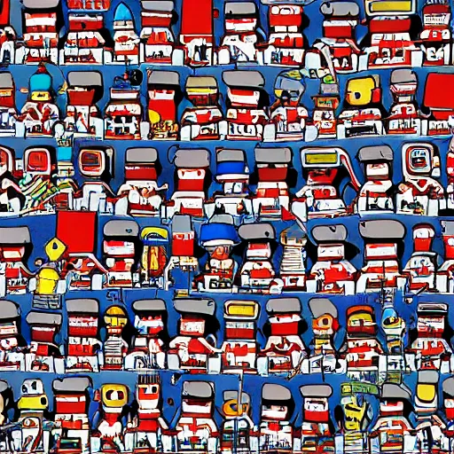 Prompt: tiny robot hiding in where's wally picture. illustrated by martin handford, high detailed, high complexity. photorealistic