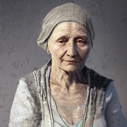 Image similar to hyperrealistic mixed media high resolution image of a Ukrainian grandmother, stunning 3d render inspired art by István Sándorfi and Greg Rutkowski and Unreal Engine, perfect symmetry, dim volumetric lighting, 8k octane beautifully detailed render, post-processing, extremely hyper-detailed, intricate, epic composition, highly detailed attributes, highly detailed atmosphere, full body shot, cinematic lighting, masterpiece, trending on artstation, very very detailed, masterpiece, stunning, flawless structure, lifelike texture, perfection,