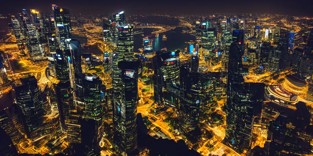 Image similar to futuristic singapour view at night from a plane, cinematic