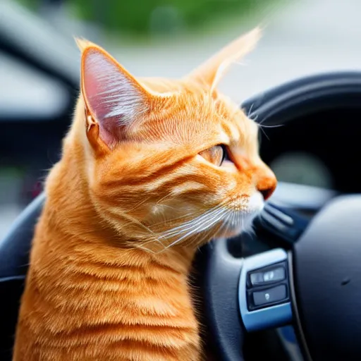 Image similar to an orange tabby cat driving a car, his paws are on the steering wheel