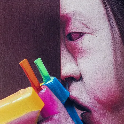 Prompt: closeup of my grandma eating crayons, melting down all over her body, in the style of kawase hasui james jean, muted neon colors, artstation trending, 8 k, 3 d render, photorealistic, volumetric lighting caustics, black and white, detailed af