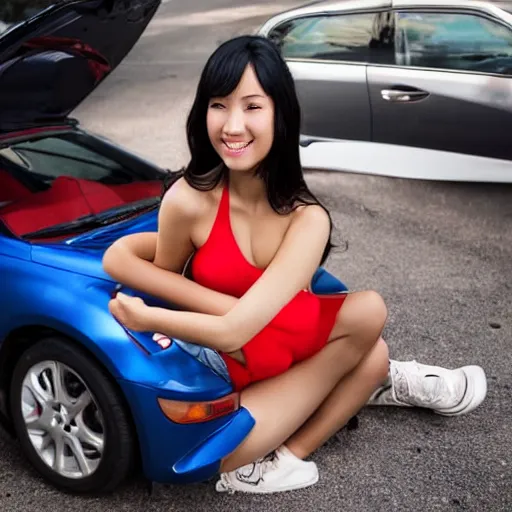 Prompt: beautiful asian woman in red shorts and sports bra sitting on car