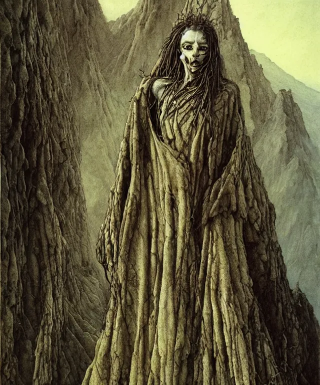 Prompt: a detailed mantiswoman stands among the mountains. wearing a ripped mantle, robe. perfect faces, extremely high details, realistic, fantasy art, solo, masterpiece, art by zdzislaw beksinski, arthur rackham, dariusz zawadzki