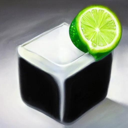 Image similar to award winning ultra - realistic!!! painting of an ice cube starting to melt next to a lime wedge, black background!!!