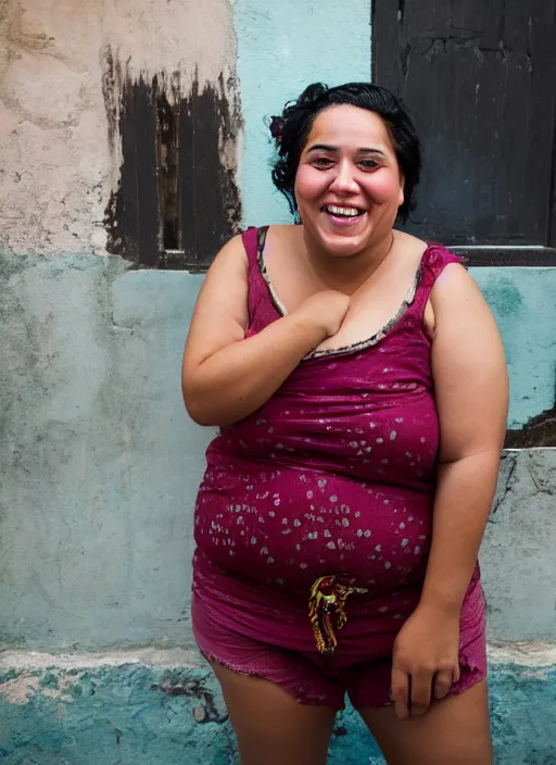 Image similar to Mid-shot portrait of a beautiful, chubby, 30-year-old woman from Cuba, smiling, candid street portrait in the style of Martin Schoeller, award winning, Sony a7R