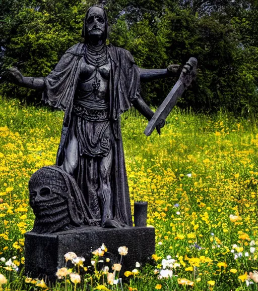 Image similar to mystical black death god statue in graveyard surrounded tall meadow of flowers, dslr photo, grainy, high detail, high resolution