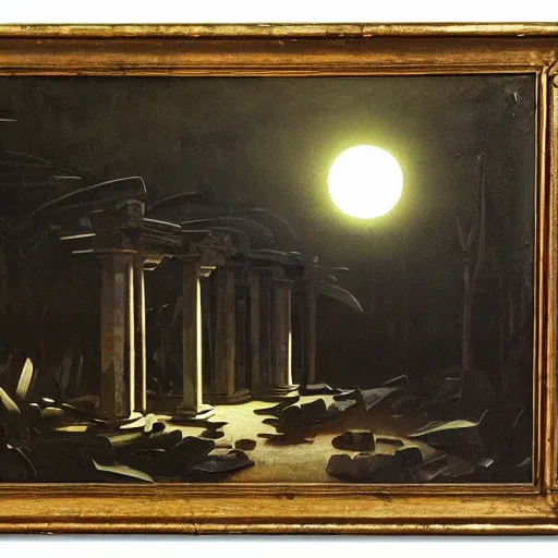 Prompt: Moonlit ruins of a shopping mall in the jungle, oil painting by Caravaggio