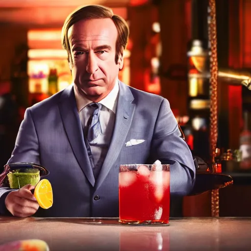 Prompt: A realistic photo of Saul Goodman drinking cocktails with a gorilla, cinematic lighting, CPL filter