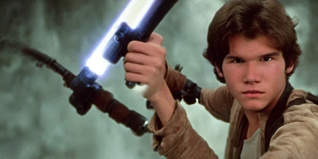 Image similar to a full color still of a teenaged Han Solo holding a lightsaber hilt during a sci-fi battle, cinematic lighting, 1999, directed by Steven Spielberg, 35mm