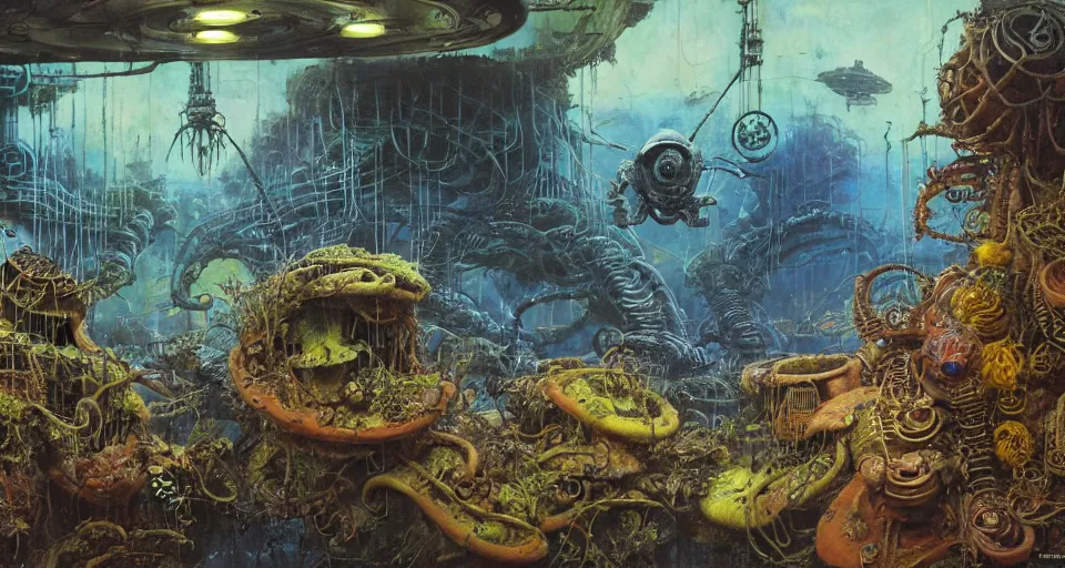 Prompt: the abyss lush garden fury road aquarium with cyborg cephalopods minimalist oil painting by donato giancola, chris foss, maschinen krieger fetuses organic laboratory, victorian shopping mall courtyard, beeple, the matrix, star wars, ilm, star citizen, mass effect, warm coloured, artstation, atmospheric perspective