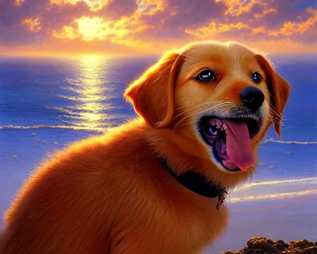 Prompt: a cute smiling puppy with its eyes shut on a very windy day, at the sea, wind blowing through the dogs fur, strong wind, closed eyes, highly detailed, hyperrealistic, intricate, sunset in the background, rays of golden red sunlight, oil painting by greg rutkowski and artgerm and wlop