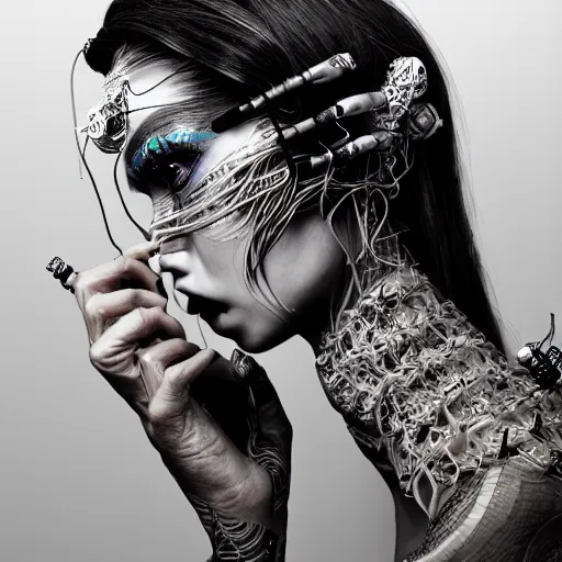 Image similar to the portrait of an absurdly beautiful, graceful, sophisticated, fashionable cyberpunk gravure idol, an ultrafine hyperdetailed illustration by kim jung gi, irakli nadar, matt wisniewski, tribal makeup, intricate linework, iridescent wiring, porcelain skin, unreal engine 5 highly rendered, global illumination, radiant light, detailed and intricate environment