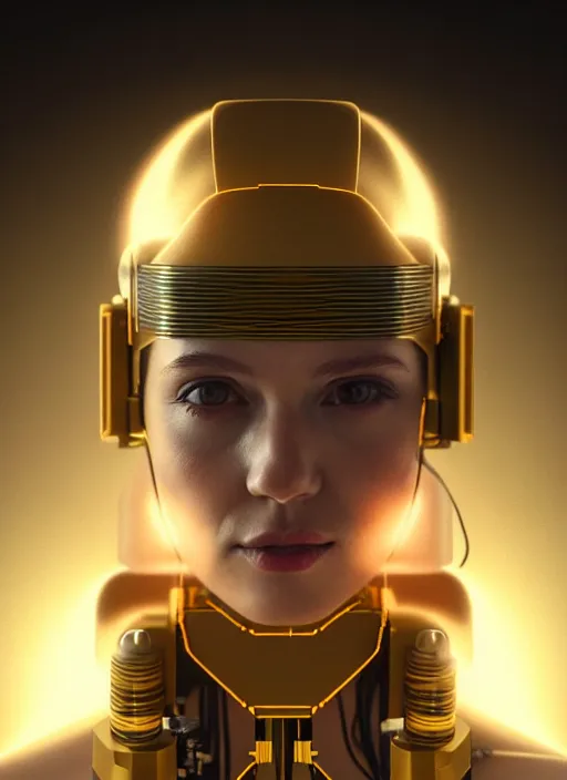 Image similar to Kodak Portra 400, 8K, soft light, volumetric lighting, highly detailed, britt marling style 3/4 ,portrait photo of a beautiful cyborg woman with gold , cyberpunk,sci-fi, fantasy, intricate, elegant, highly detailed, digital painting, artstation, concept art, smooth, sharp focus, illustration, art by artgerm and greg rutkowski and alphonse mucha