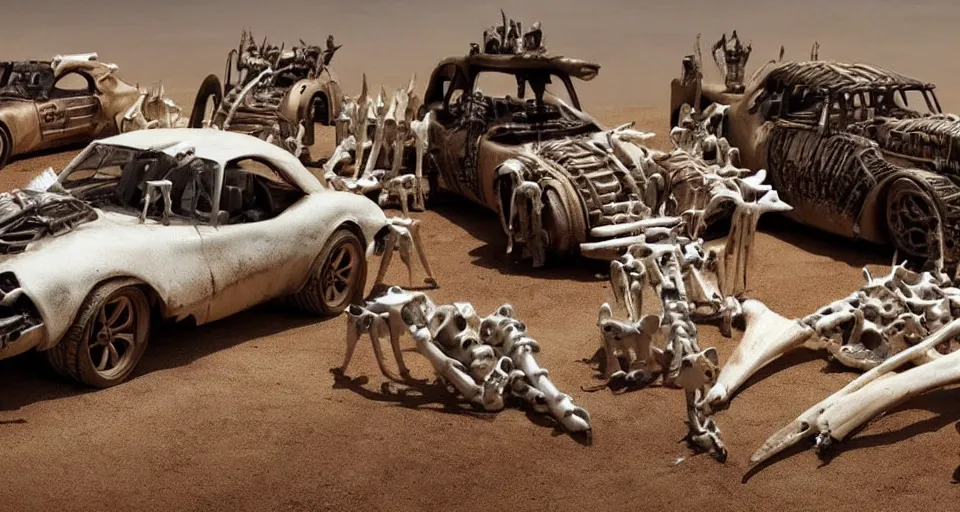 Image similar to mad max cars made out of bones, horns and shells, cinematic lighting,